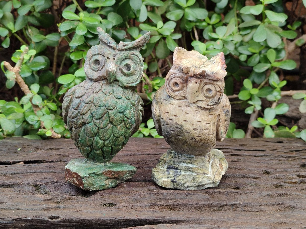 Hand Made Verdite Owl Carvings x 2 From Zimbabwe - Toprock Gemstones and Minerals 