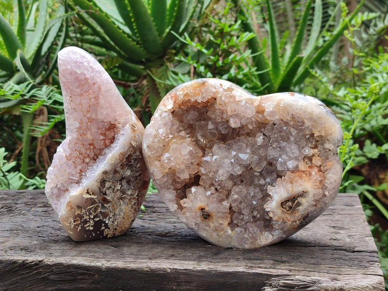 Polished Crystalline Agate Standing Free Form and Heart x 2 From Maintirano, Madagascar - Toprock Gemstones and Minerals 