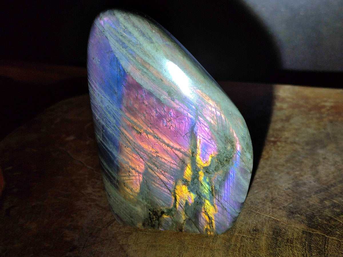 Polished Rare Purple Sunset Flash Labradorite Standing Display Pieces x 3 From Madagascar - Toprock Gemstones and Minerals 