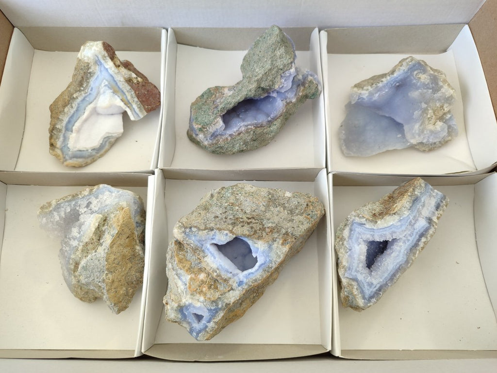 Natural Blue Lace Agate Geode Specimens x 6 From Nsanje, Malawi - Toprock Gemstones and Minerals 