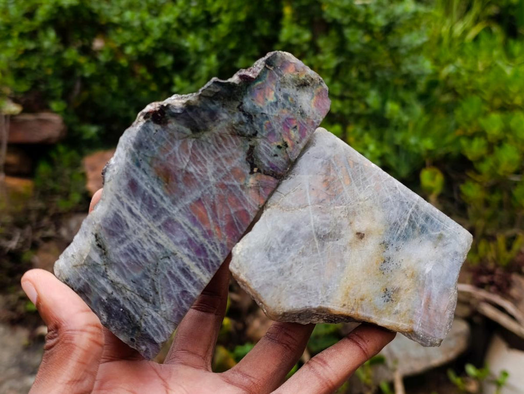 Polished One Side Purple Sunset Flash Labradorite Slices x 6 From Madagascar - Toprock Gemstones and Minerals 
