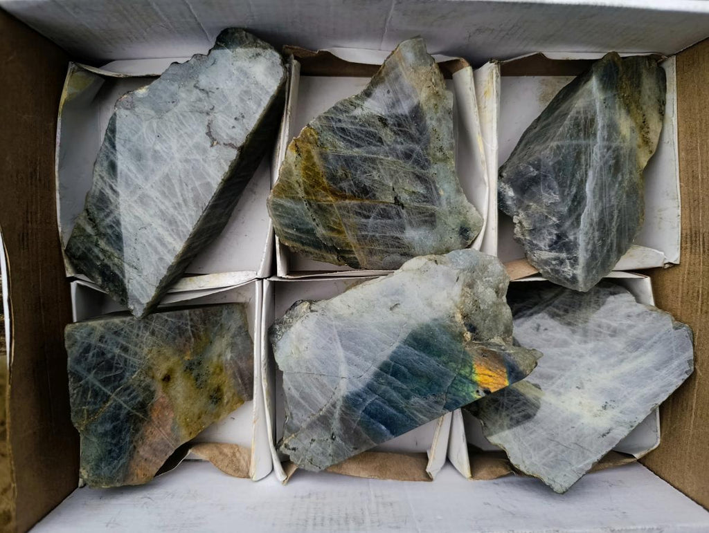Polished One Side Purple Sunset Flash Labradorite Slices x 6 From Madagascar - Toprock Gemstones and Minerals 