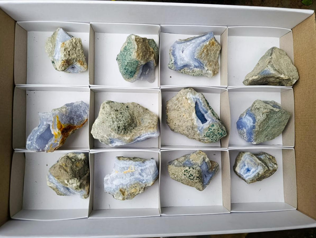 Natural Blue Lace Agate Geodes with Dog Tooth Calcite x 12 From Nsanje, Malawi - Toprock Gemstones and Minerals 