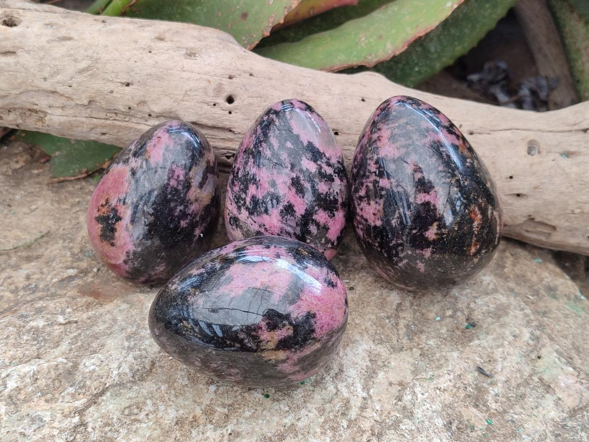 Polished Rhodonite Gemstone Eggs x 4 From Ambindavato, Madagascar - Toprock Gemstones and Minerals 