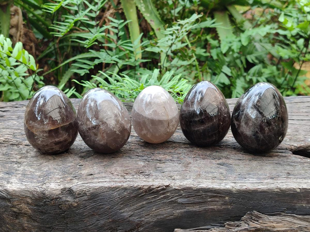 Polished Large Smokey Window Quartz Eggs x 6 From Madagascar - Toprock Gemstones and Minerals 