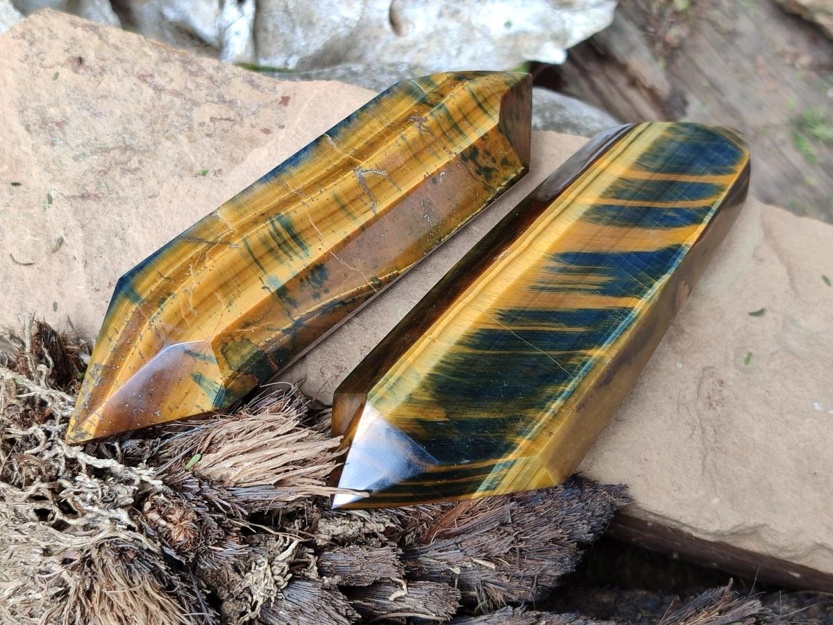 Polished Double Terminated Blue and Golden Tigers Eye Crystals x From Prieska, South Africa - Toprock Gemstones and Minerals 