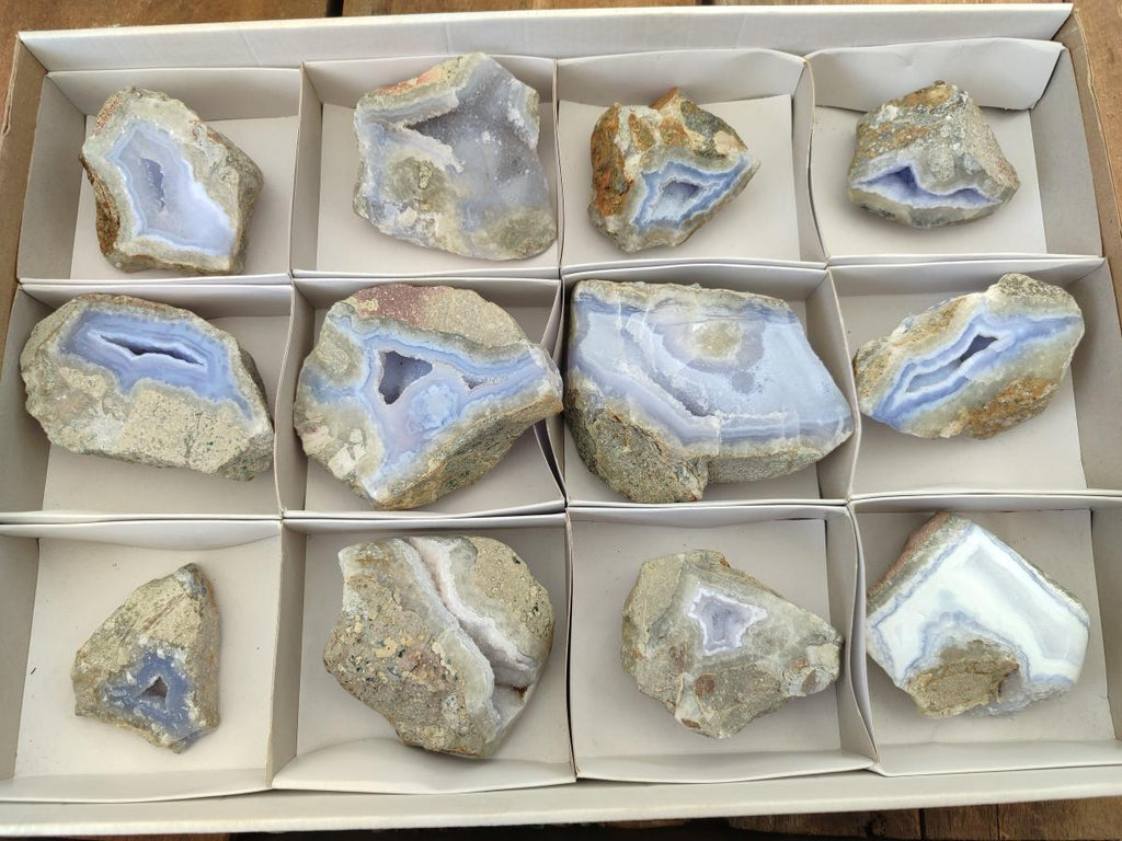 Polished On One Side Blue Lace Agate Geodes x 12 From Nsanje, Malawi - Toprock Gemstones and Minerals 