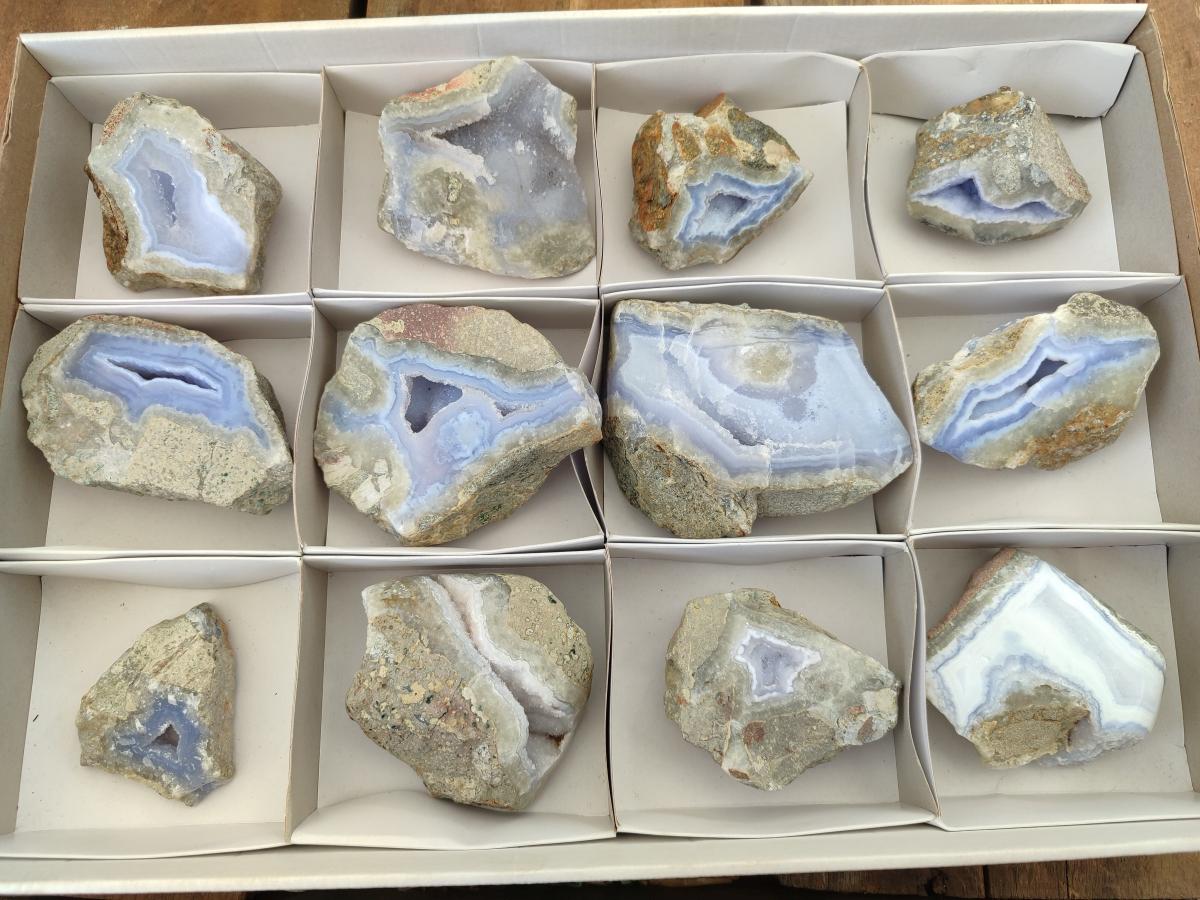 Polished On One Side Blue Lace Agate Geodes x 12 From Nsanje, Malawi - Toprock Gemstones and Minerals 