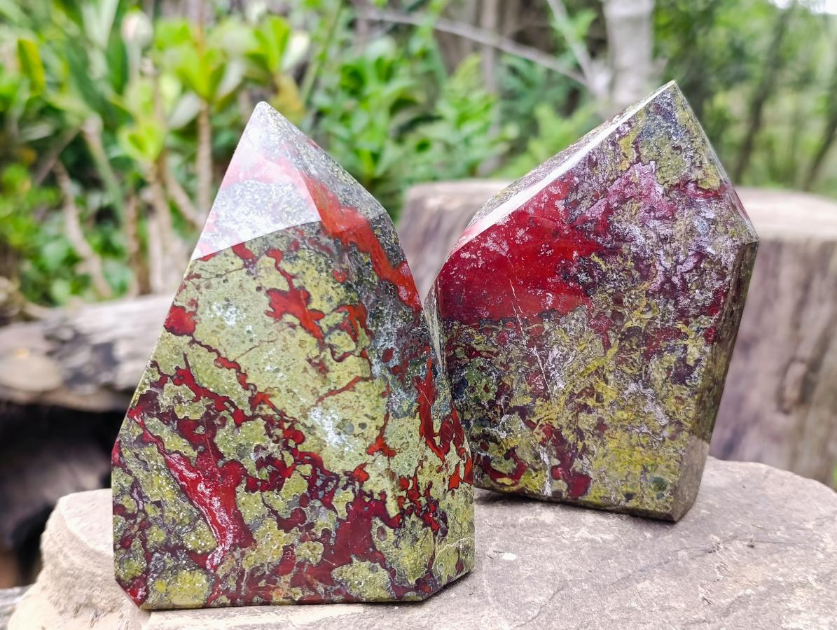 Polished Bastite Dragonsblood Stone Display Crystal Points x 2 From Tshipise, South Africa - Toprock Gemstones and Minerals 