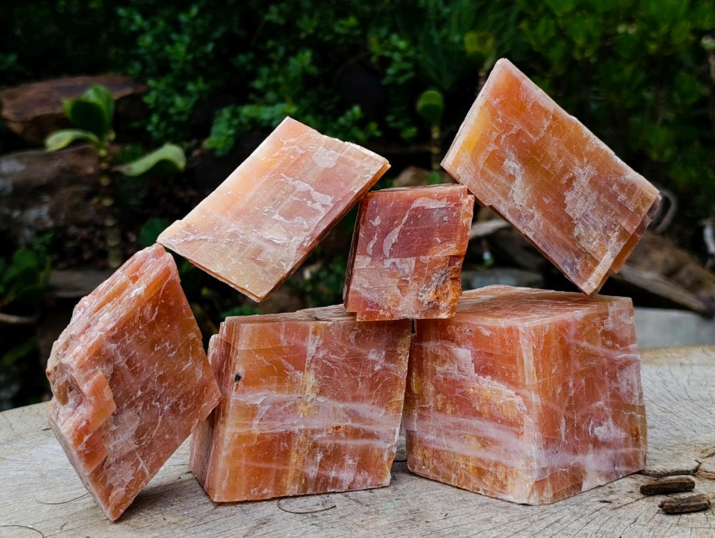 Natural Rhombohedral Sunset Orange Calcite Specimens x 6 From Spitzkop, Namibia - Toprock Gemstones and Minerals 