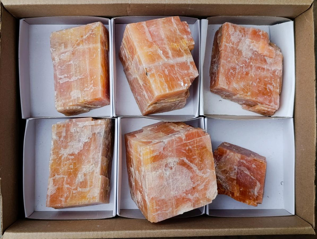 Natural Rhombohedral Sunset Orange Calcite Specimens x 6 From Spitzkop, Namibia - Toprock Gemstones and Minerals 