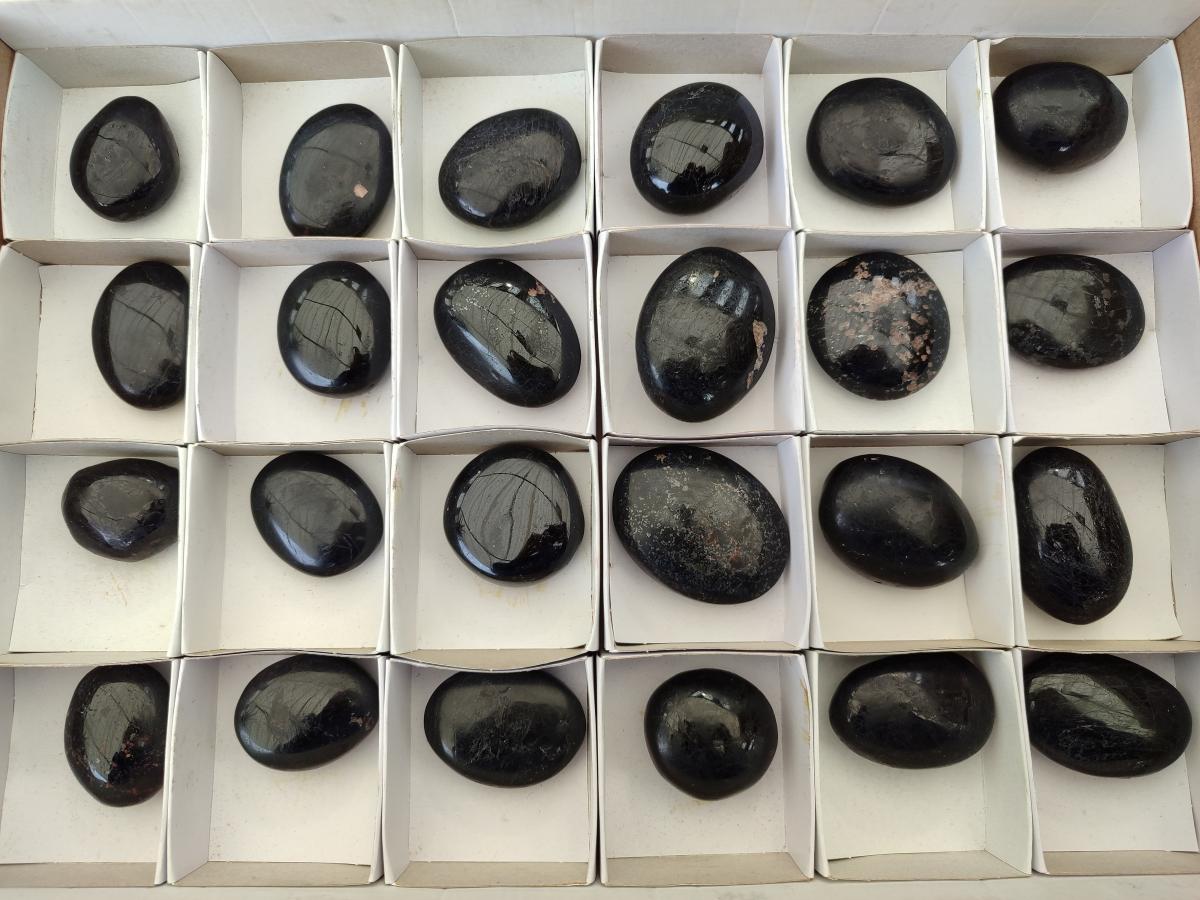 Polished Black Tourmaline Galets x 24 From Madagascar - Toprock Gemstones and Minerals 