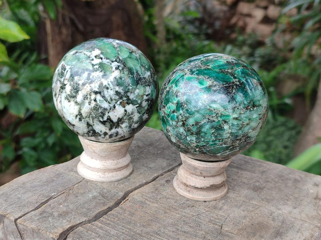 Polished Emerald Mica 'Mutokolite' Spheres x 2 From Mutoko, Zimbabwe - Toprock Gemstones and Minerals 