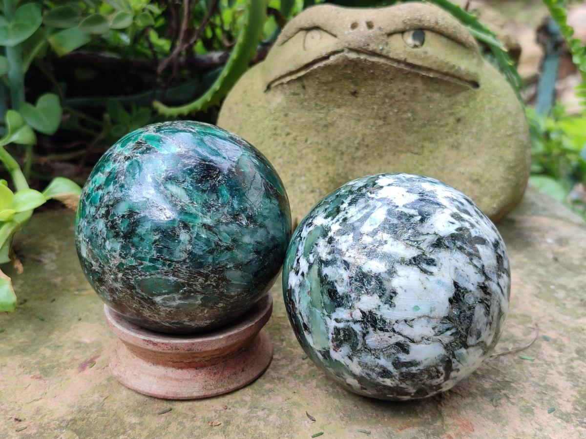 Polished Emerald Mica 'Mutokolite' Spheres x 2 From Mutoko, Zimbabwe - Toprock Gemstones and Minerals 