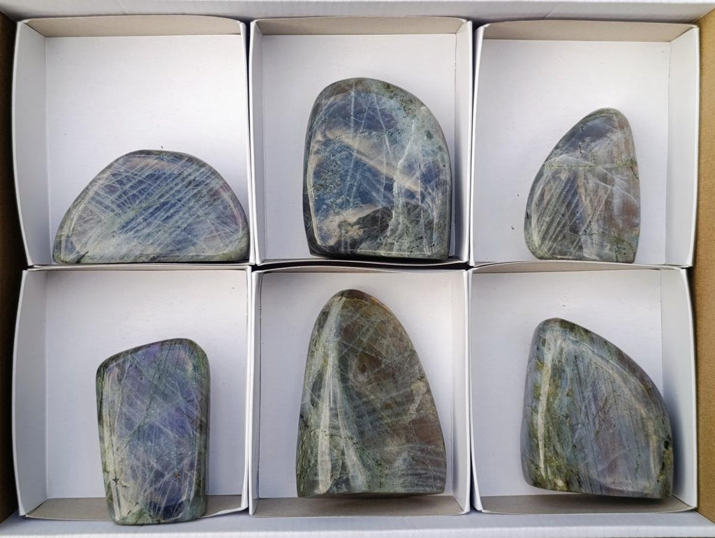 Polished Rare Purple Sunset Flash Labradorite Standing Display Pieces x 6 From Madagascar - Toprock Gemstones and Minerals 