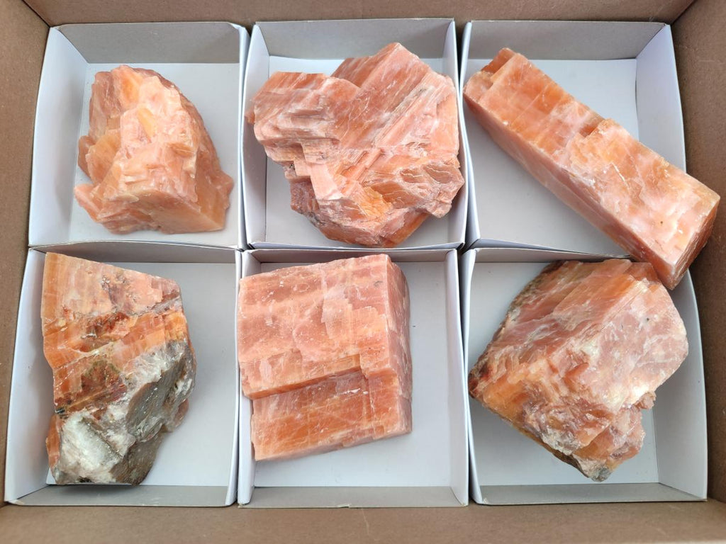 Natural Rhombohedral Sunset Orange Calcite Specimens x 6 From Spitzkop, Namibia - Toprock Gemstones and Minerals 