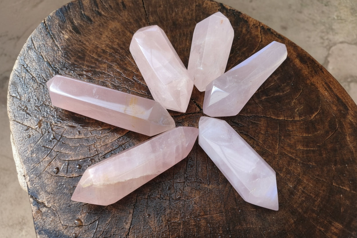 Polished Double Terminated Gemmy Rose Quartz Crystals x 6 From Madagascar - Toprock Gemstones and Minerals 