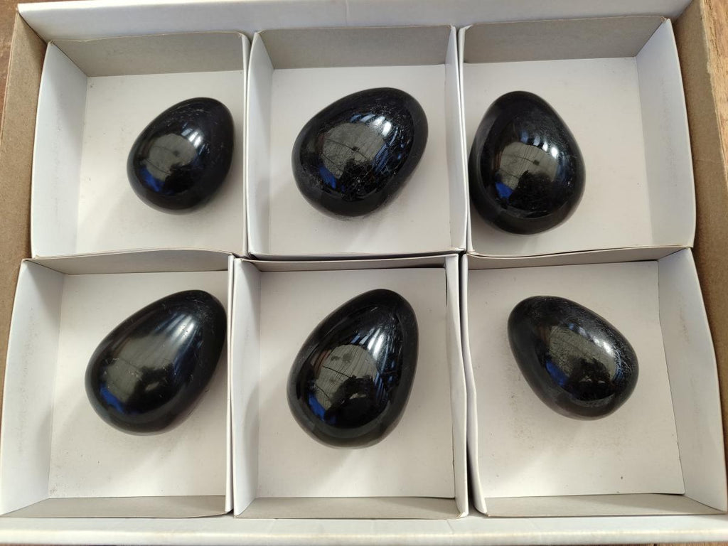 Polished Black Tourmaline Eggs x 6 From Madagascar - Toprock Gemstones and Minerals 