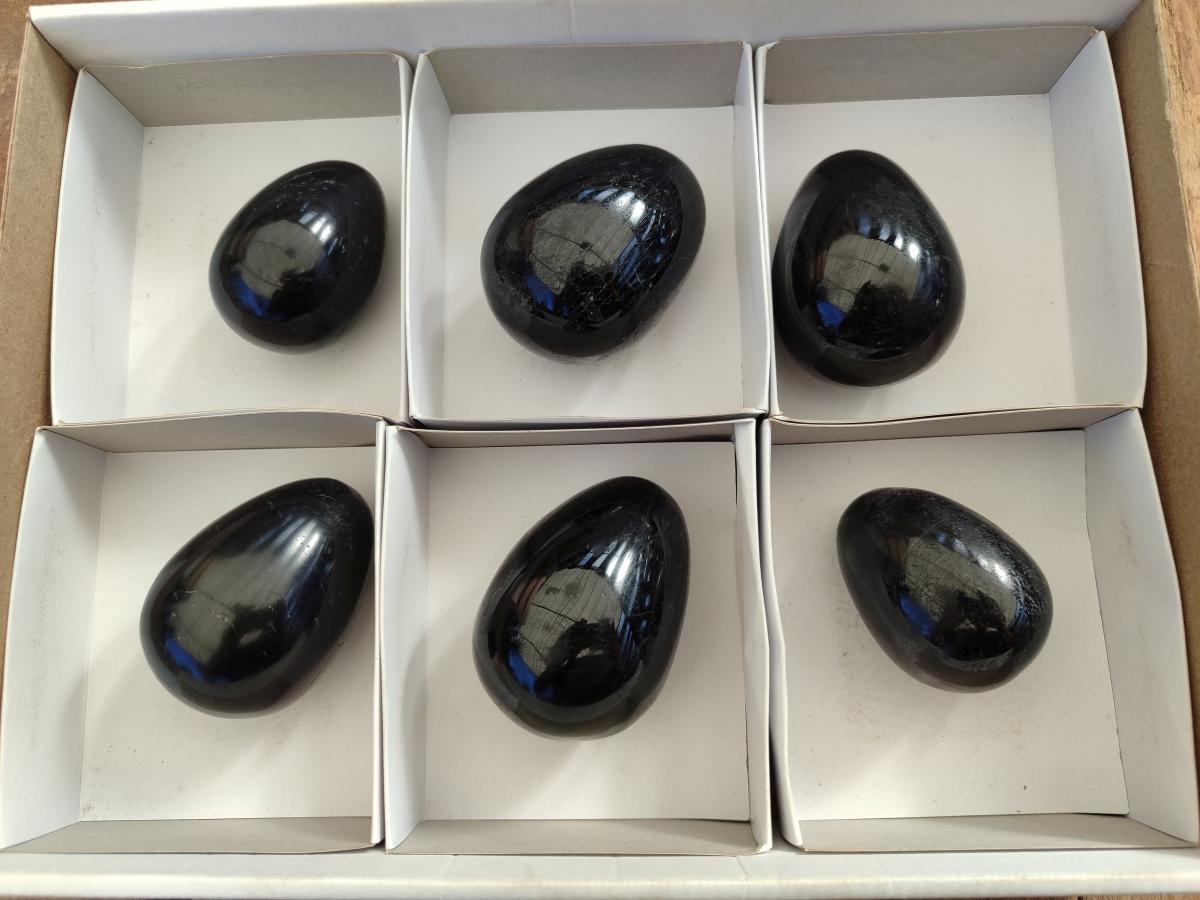 Polished Black Tourmaline Eggs x 6 From Madagascar - Toprock Gemstones and Minerals 