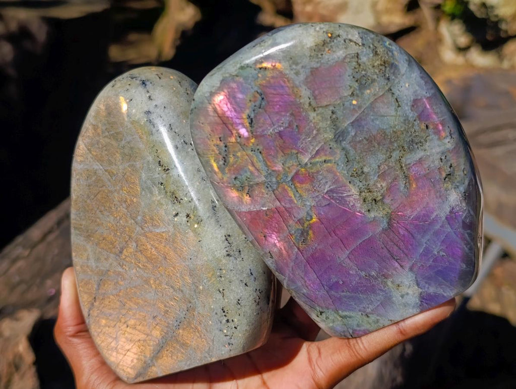 Polished Rare Purple Sunset Flash Labradorite Standing Display Pieces x 2 From Madagascar - Toprock Gemstones and Minerals 