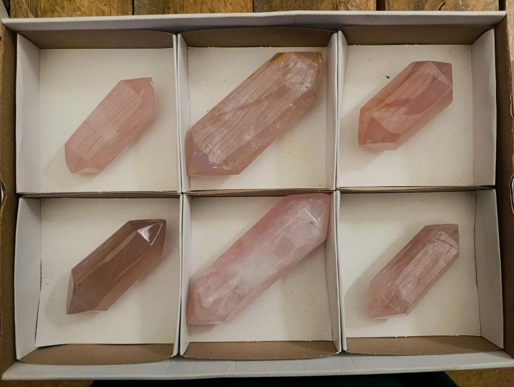 Polished Double Terminated Gemmy Rose Quartz Crystals x 6 From Madagascar - Toprock Gemstones and Minerals 