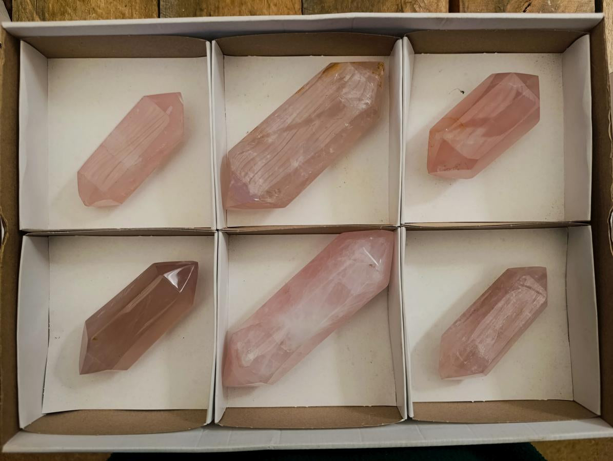 Polished Double Terminated Gemmy Rose Quartz Crystals x 6 From Madagascar - Toprock Gemstones and Minerals 