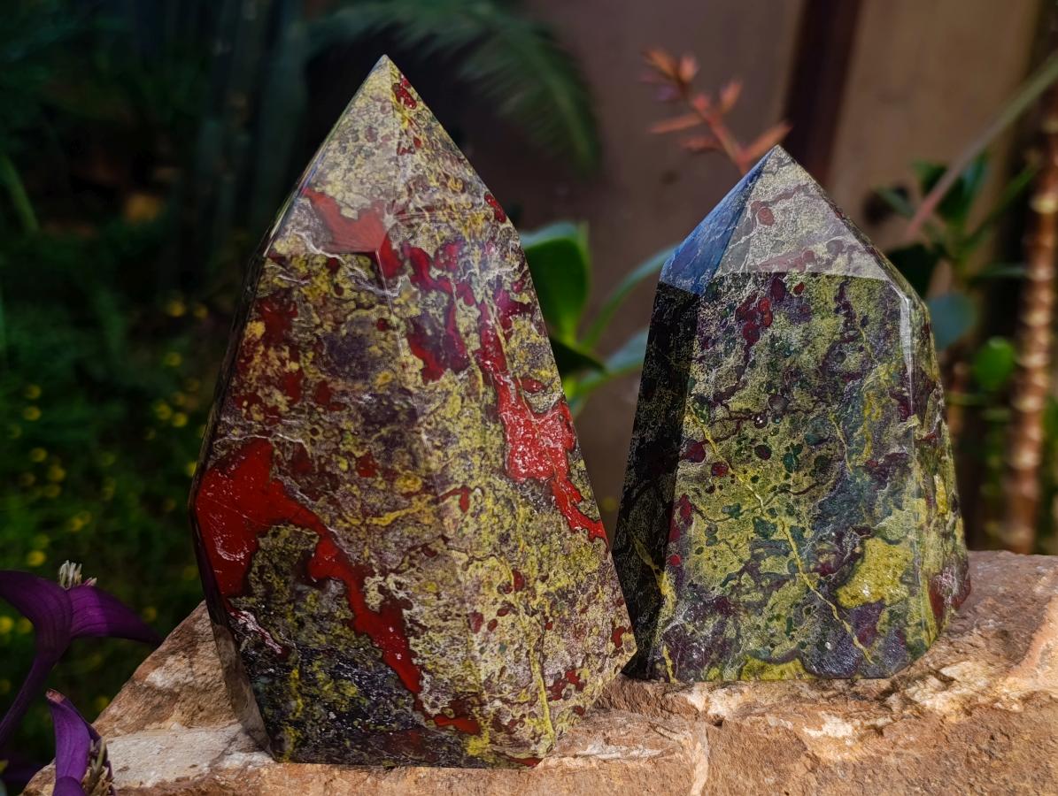 Polished Bastite Dragonsblood Stone Points x 2 From Tshipise, South Africa - Toprock Gemstones and Minerals 
