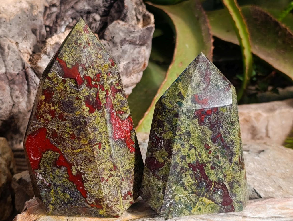 Polished Bastite Dragonsblood Stone Points x 2 From Tshipise, South Africa - Toprock Gemstones and Minerals 