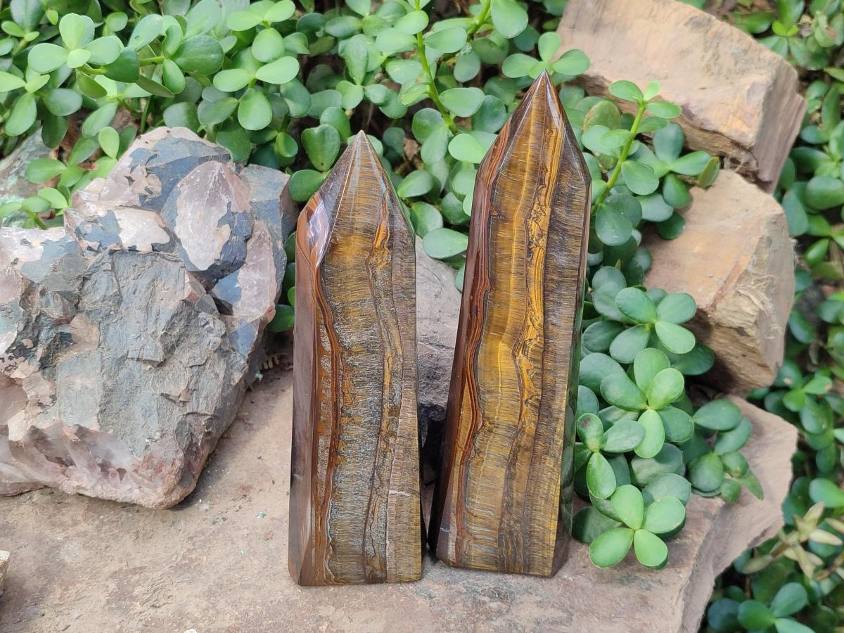 Polished Golden Tigers Eye Point and Tower x 2 From Prieska, South Africa - Toprock Gemstones and Minerals 
