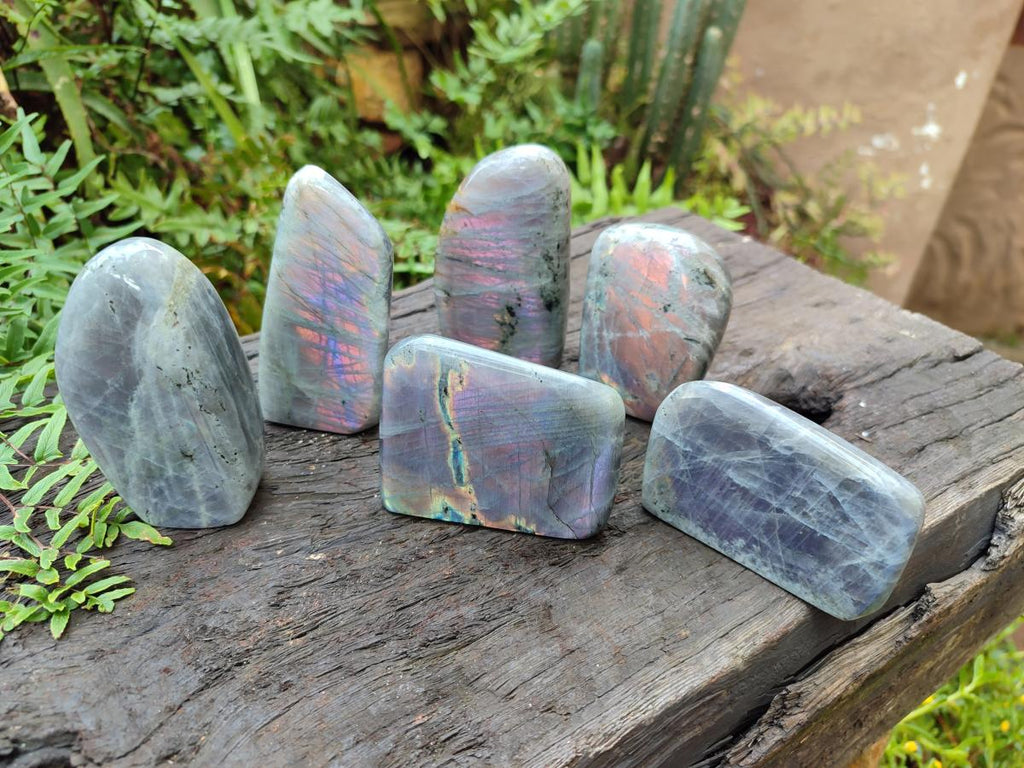 Polished Rare Purple Sunset Flash Labradorite Standing Display Pieces x 6 From Madagascar - Toprock Gemstones and Minerals 