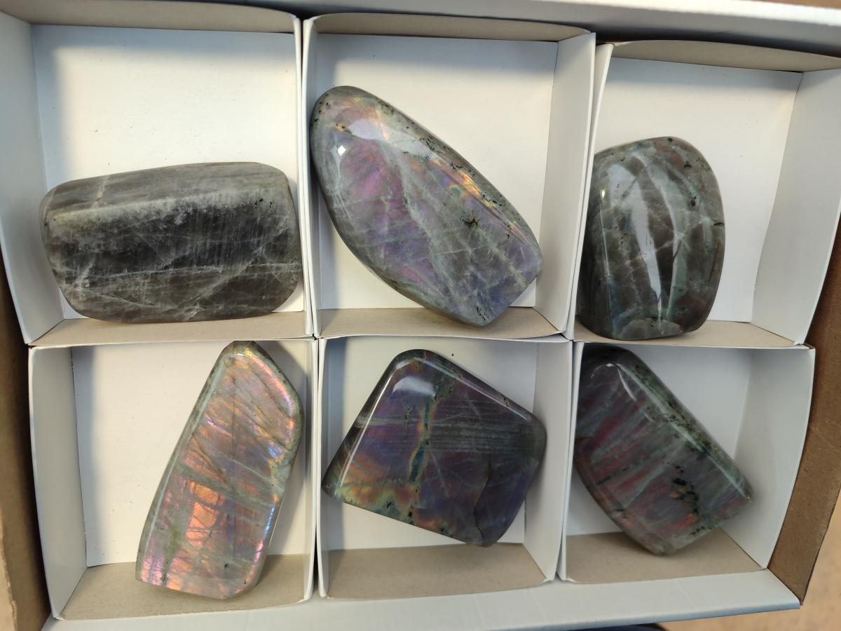 Polished Rare Purple Sunset Flash Labradorite Standing Display Pieces x 6 From Madagascar - Toprock Gemstones and Minerals 