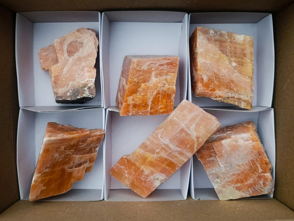 Natural Rhombohedral Sunset Orange Calcite Specimens x 6 From Spitzkop, Namibia - Toprock Gemstones and Minerals 