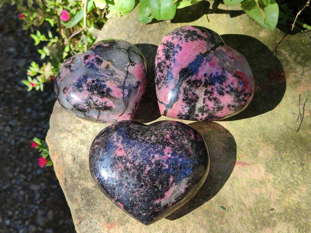 Polished Rhodonite Gemstone Hearts x 3 From Ambindavato, Madagascar - Toprock Gemstones and Minerals 