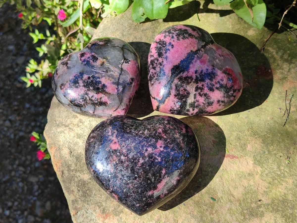 Polished Rhodonite Gemstone Hearts x 3 From Ambindavato, Madagascar - Toprock Gemstones and Minerals 