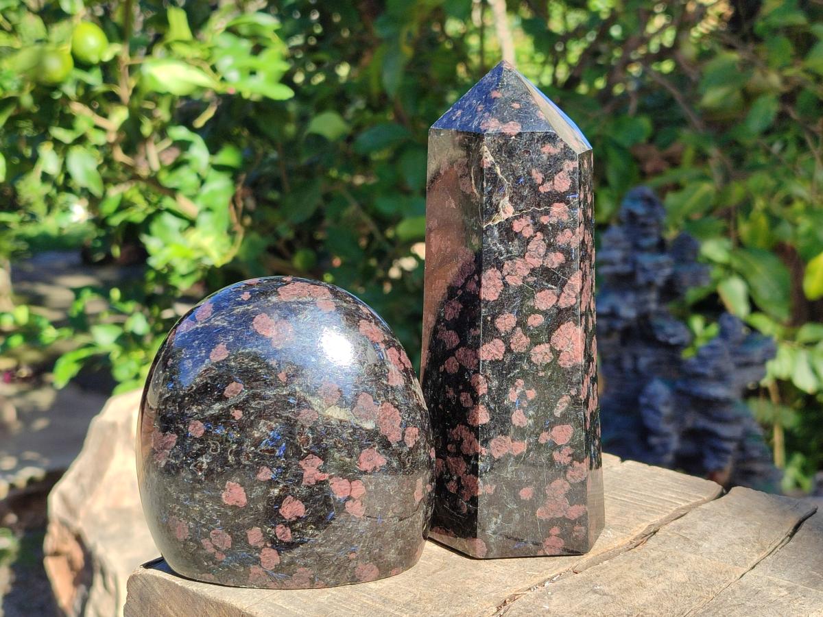 Polished Rare "Water Sapphire" Standing Display Piece and Display Crystal with Sillimanite Spots x 2 From Ambatofinandrahana, Madagascar - Toprock Gemstones and Minerals 