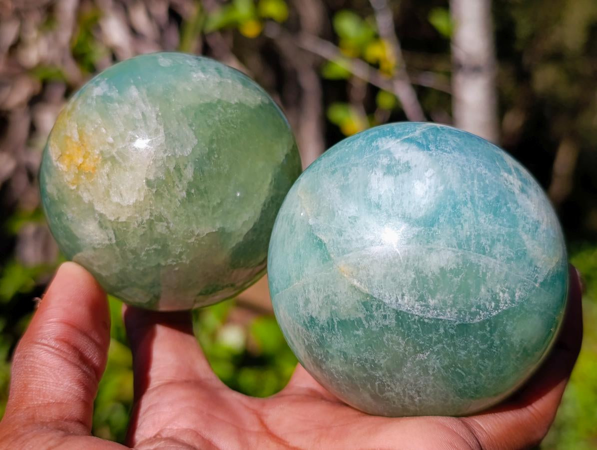 Polished Watermelon Fluorite Spheres x 2 From Uis, Namibia - Toprock Gemstones and Minerals 