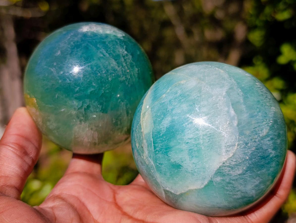 Polished Watermelon Fluorite Spheres x 2 From Uis, Namibia - Toprock Gemstones and Minerals 