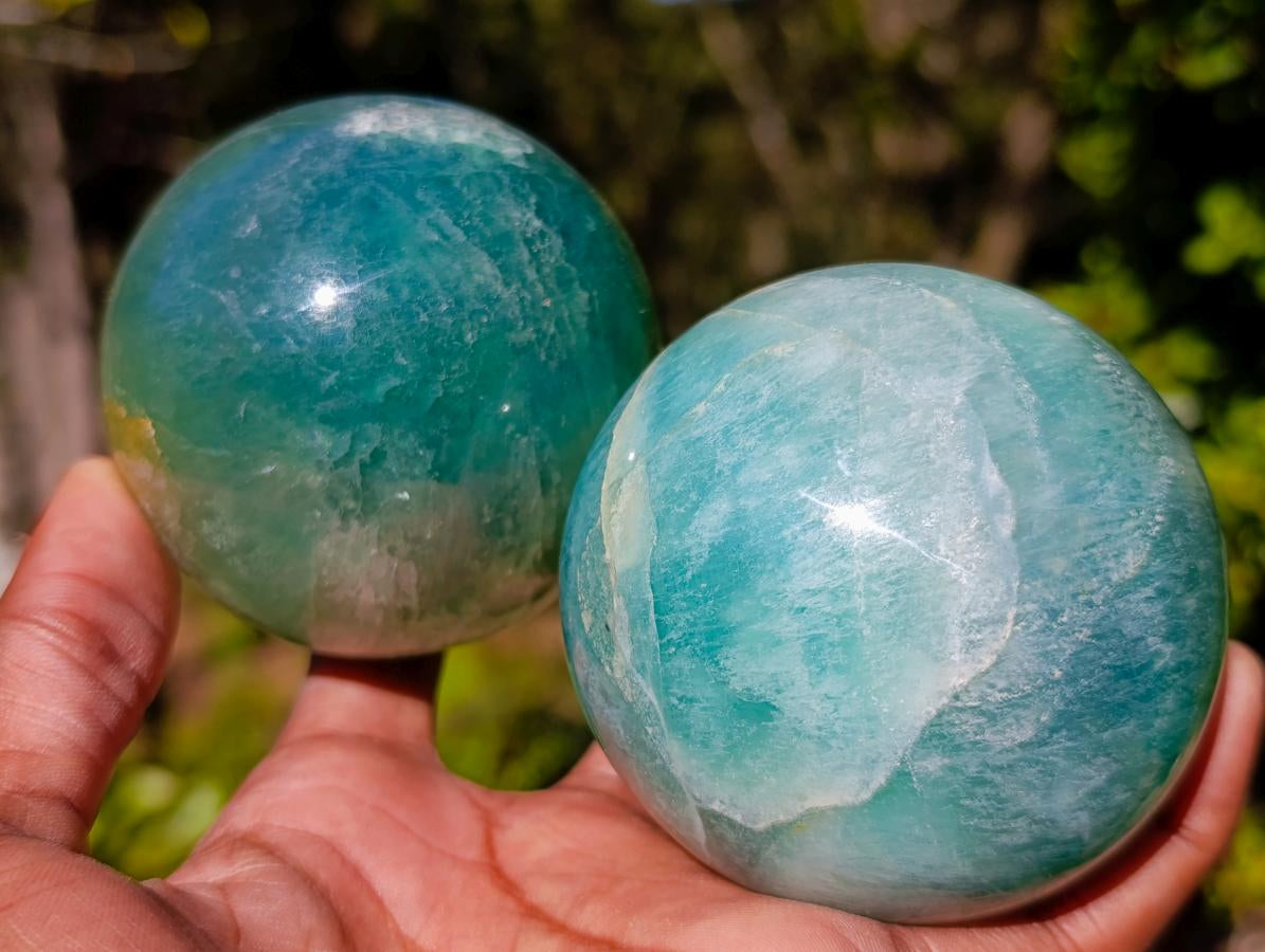 Polished Watermelon Fluorite Spheres x 2 From Uis, Namibia - Toprock Gemstones and Minerals 