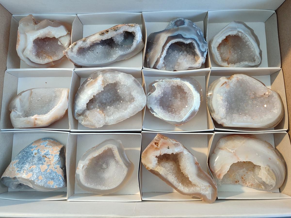 Polished Banded Agate with Crystalline Geodes x 12 From Maintirano, Madagascar - Toprock Gemstones and Minerals 
