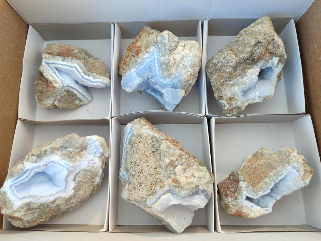 Natural Blue Lace Agate Geode Specimens x 6 From Nsanje, Malawi - Toprock Gemstones and Minerals 