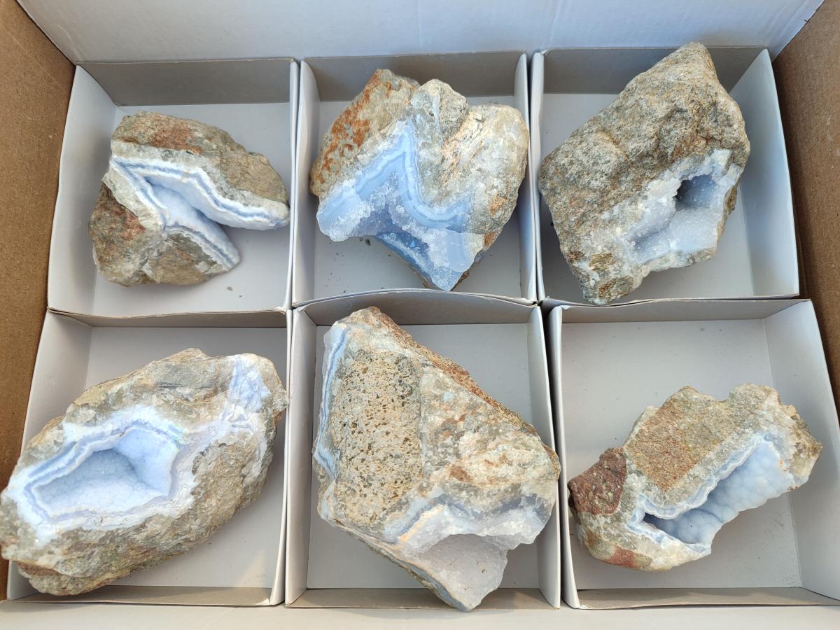 Natural Blue Lace Agate Geode Specimens x 6 From Nsanje, Malawi - Toprock Gemstones and Minerals 