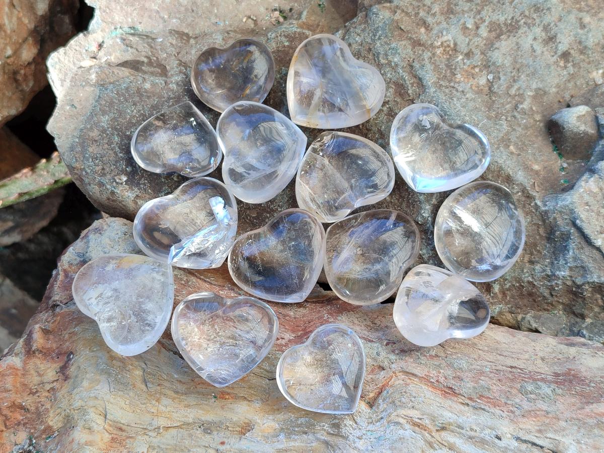 Polished Clear Quartz Crystal Hearts x 35 From Madagascar - Toprock Gemstones and Minerals 