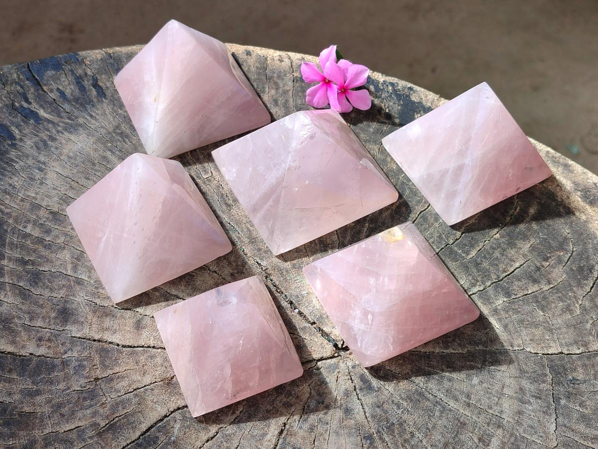 Polished Gemmy Rose Quartz Pyramids x 6 From Madagascar - Toprock Gemstones and Minerals 