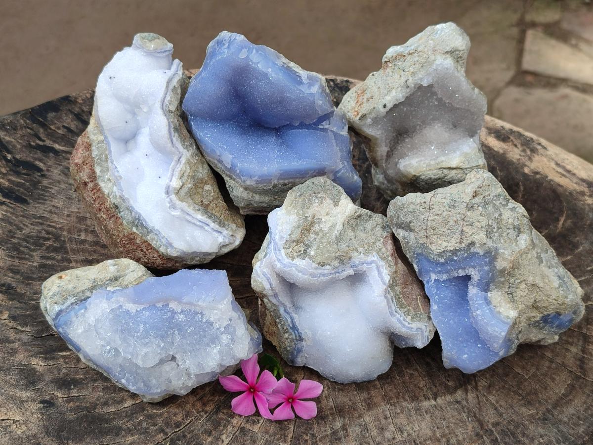 Natural Large Blue Lace Agate Geode Specimens x 6 From Nsanje, Malawi - Toprock Gemstones and Minerals 