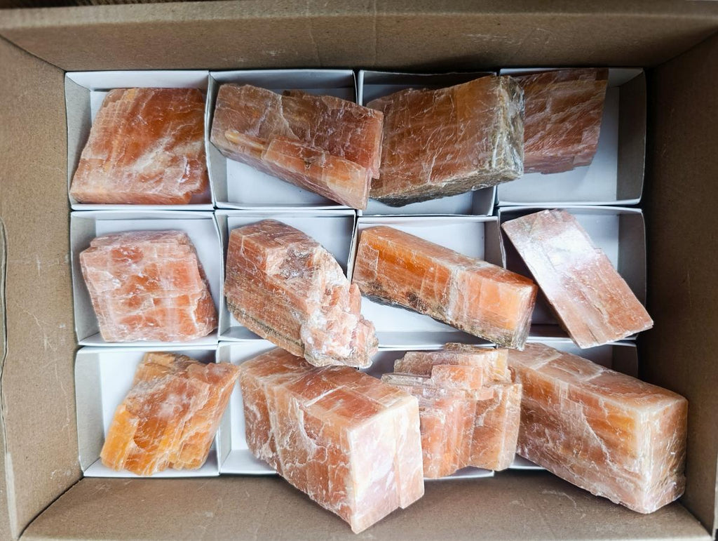 Natural Rhombohedral Sunset Orange Calcite Specimens x 12 From Spitzkop, Namibia - Toprock Gemstones and Minerals 