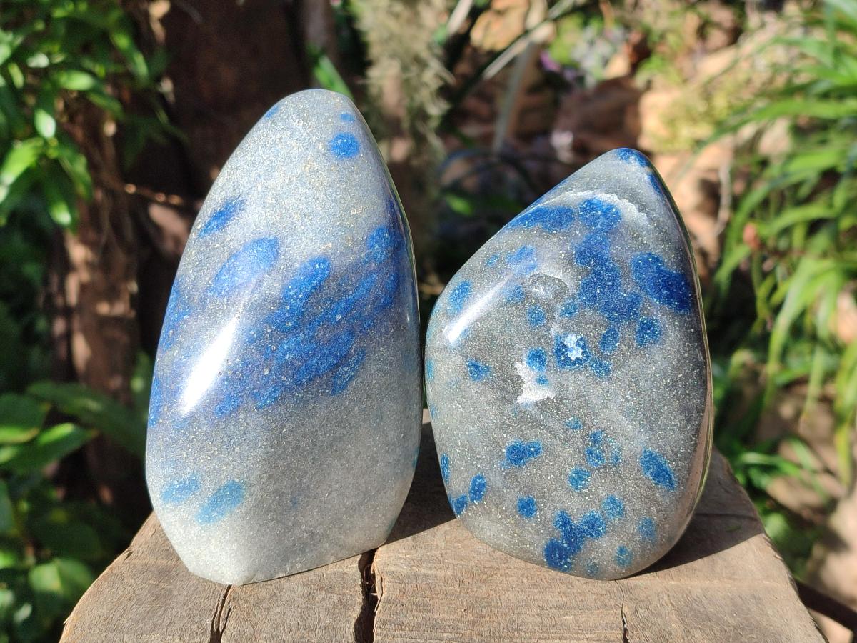 Polished Blue Spotted Spinel in Quartz Standing Display Pieces x 2 From Madagascar - Toprock Gemstones and Minerals 