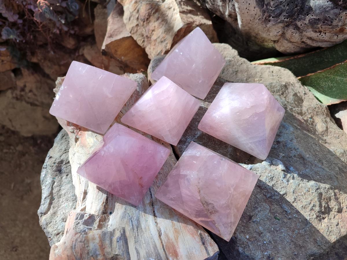 Polished Gemmy Rose Quartz Pyramids x 6 From Madagascar - Toprock Gemstones and Minerals 