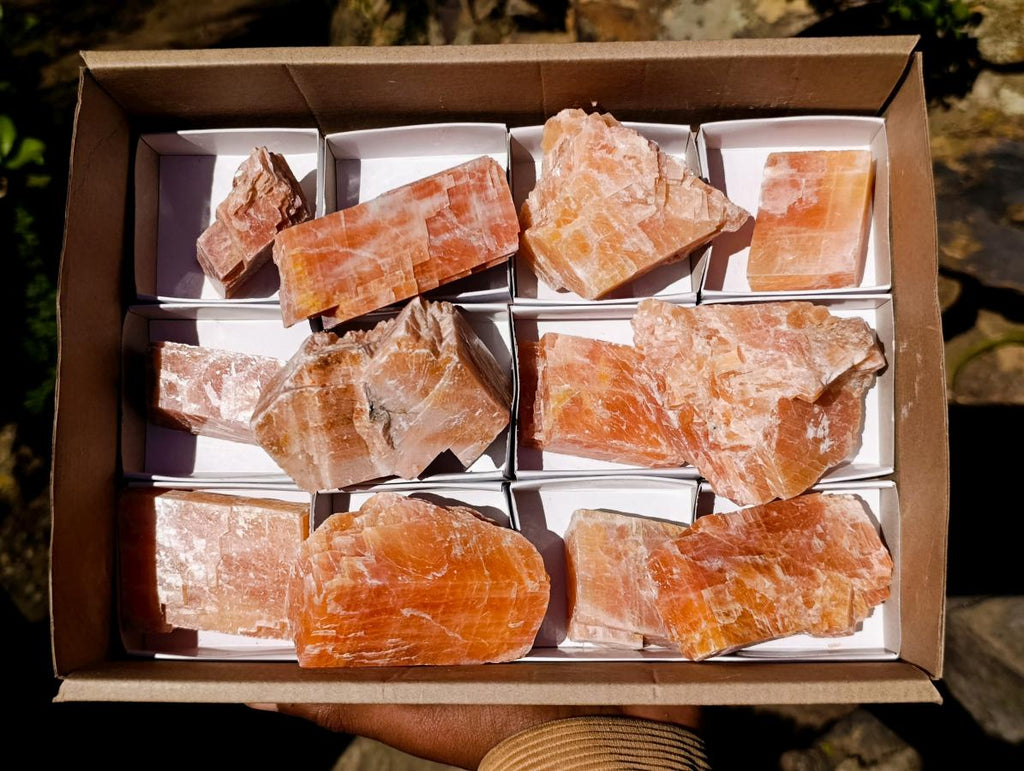 Natural Rhombohedral Sunset Orange Calcite Specimens x 12 From Spitzkop, Namibia - Toprock Gemstones and Minerals 
