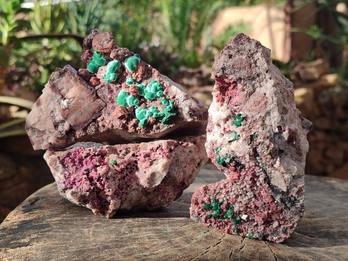 Natural Salrose Cobaltoan Dolomite Specimens with Silky Malachite Crystals x 3 From Kakanda, Congo - Toprock Gemstones and Minerals 