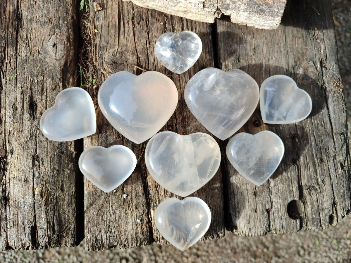 Polished Girasol Pearl Quartz Hearts x 12 From Ambatondrazaka, Madagascar - Toprock Gemstones and Minerals 